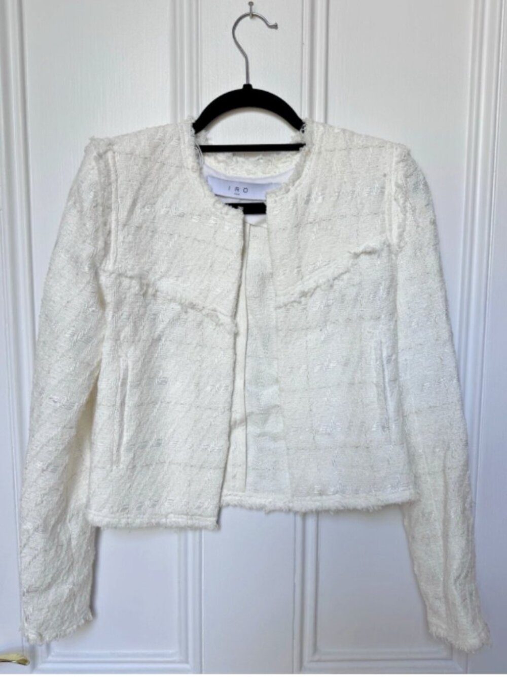 IRO Paris White Lubna Tweed Fringe Collarless Cropped Jacket Blazer Size 32 / 0